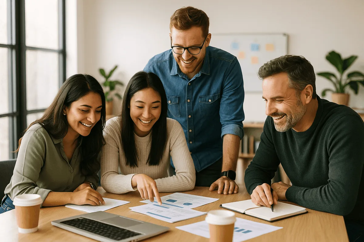A team of colleagues collaborating together around a table
