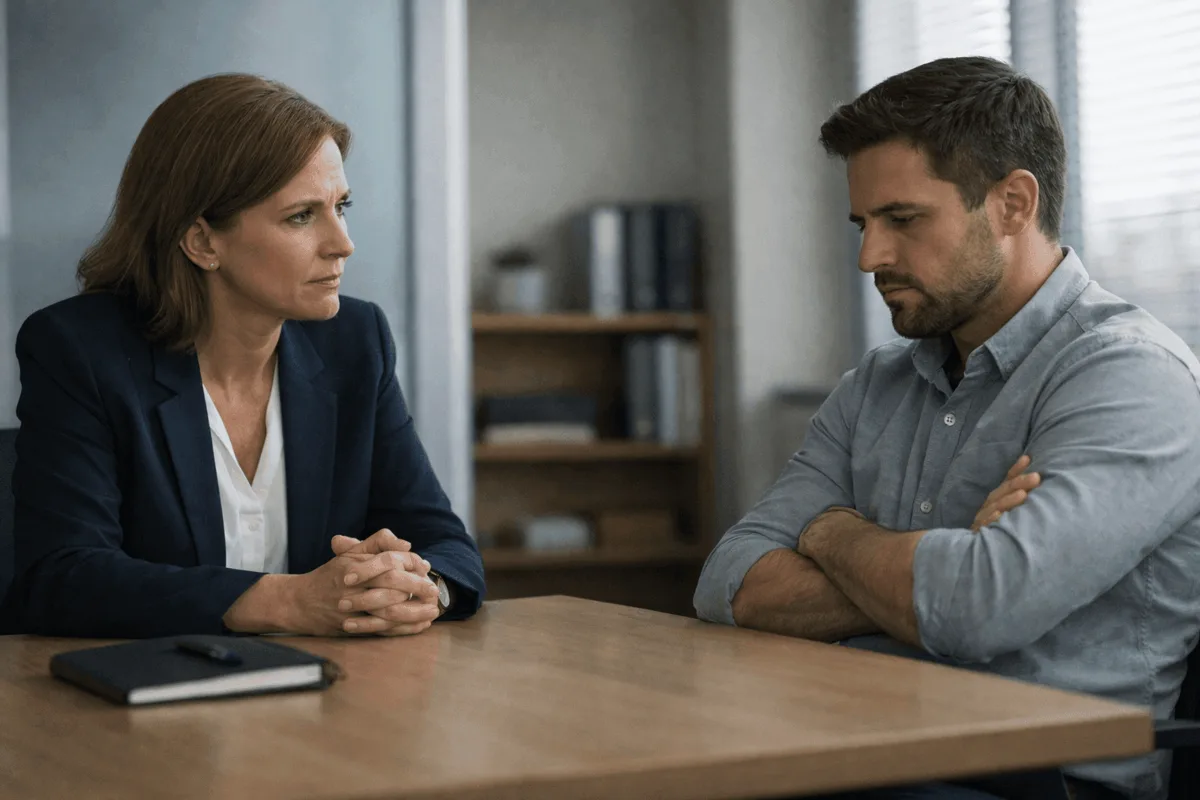 Leader and employee having a tense conversation at work