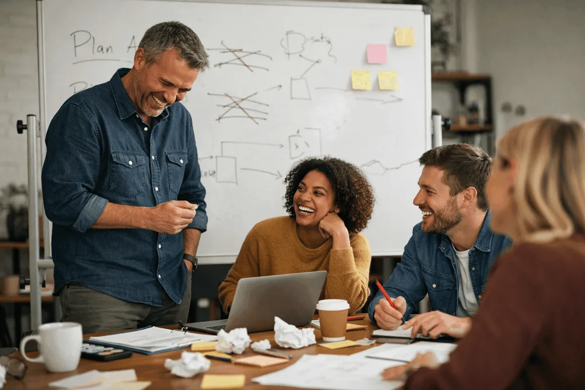 Brainstorming team genuinely laughing at work